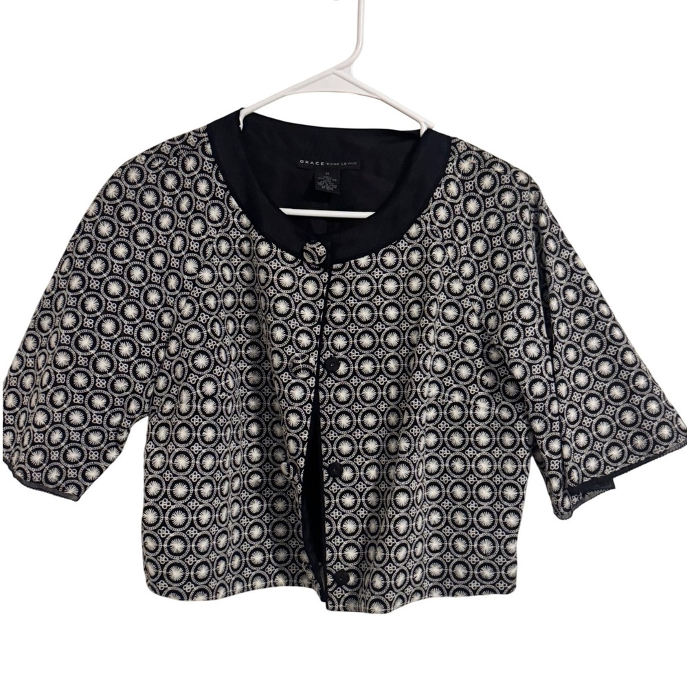 Grace Dane Lewis Black White Embroidered Cotton Silk Lined Cropped Jacket M